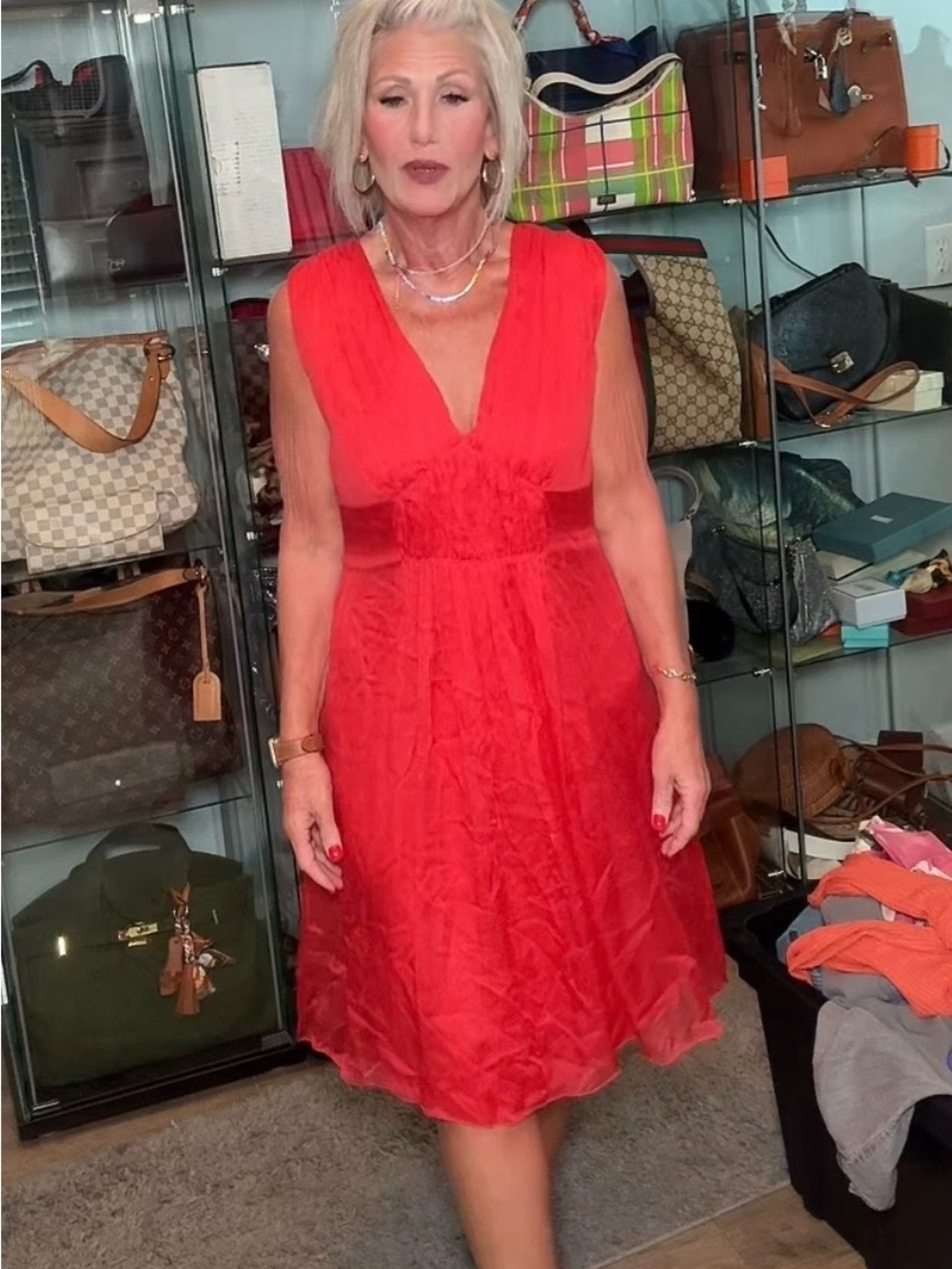L'AGENCE Vibrant Red V-Neck Sleeveless A-Line Dress 100% SILK #3097